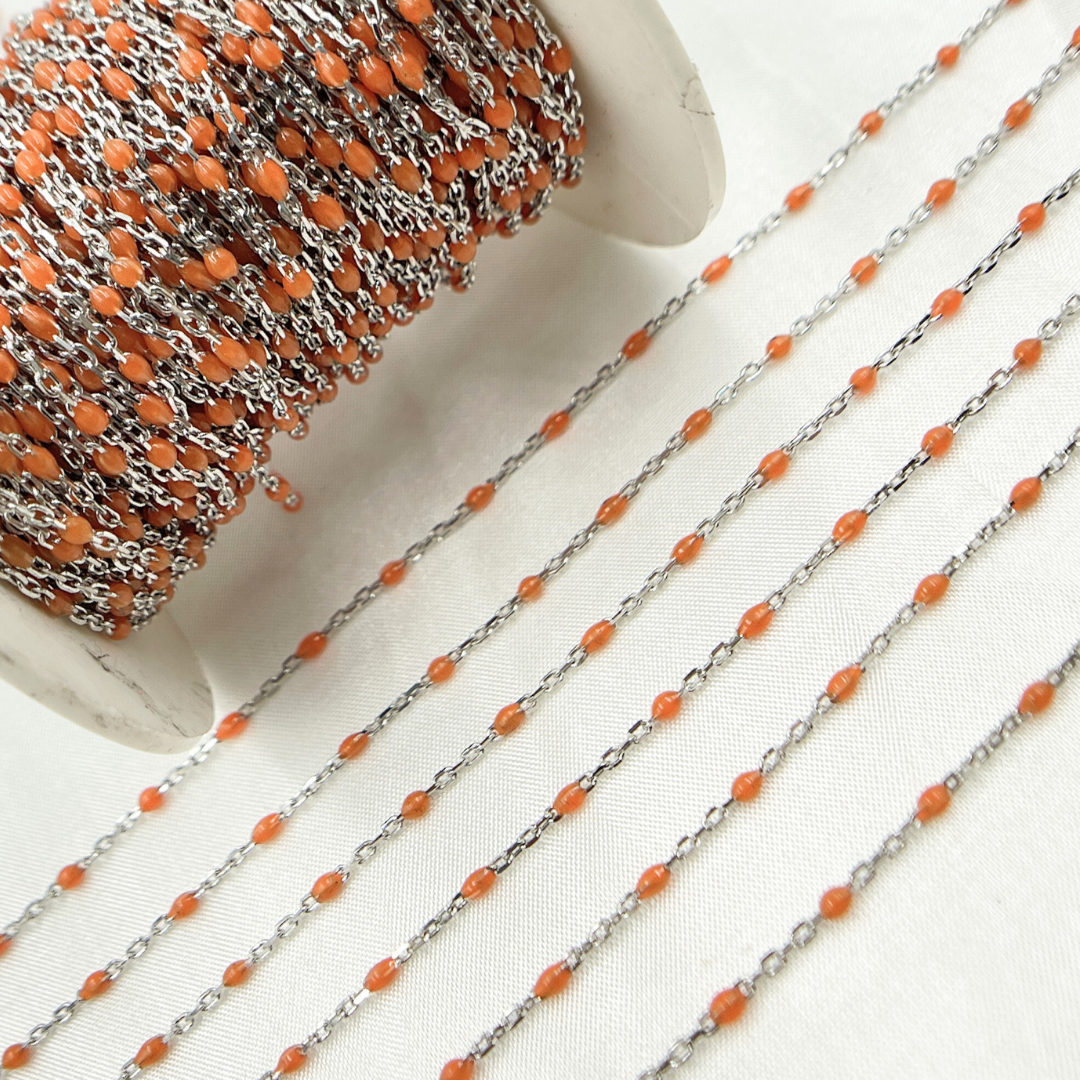 925 Sterling White Silver Enamel Orange Color Cable Chain. V203ORSS