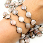 Load image into Gallery viewer, Coated Peach Moonstone Round Shape Bezel Oxidized Wire Chain. CMS111