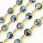 Load image into Gallery viewer, Coated Labradorite Round Shape Bezel Gold Plated Wire Chain. LAB113