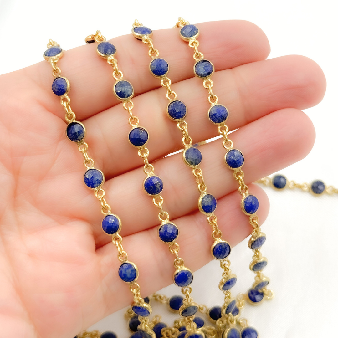 Lapis Lazuli Round Shape Bezel Gold Plated Wire Chain. LAP15