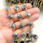Load image into Gallery viewer, Coated Grey Moonstone Round Shape Bezel Gold Plated Wire Chain. CMS22
