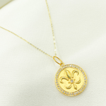 Load image into Gallery viewer, GDP136. 14K Solid Gold with Diamonds Circle Shape Charm with Fleur De Lis of in the Center