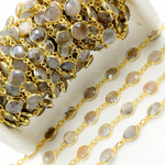 Load image into Gallery viewer, Coated Light Grey Moonstone Round Shape Bezel Gold Plated Wire Chain. CMS114