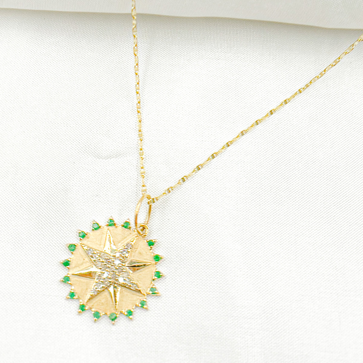 GDP618. 14k Solid Gold Diamond & Emerald Circle Charm