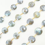 Load image into Gallery viewer, Coated Labradorite Coin Shape Gold Plated Wire Chain. CLB36
