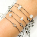 Load image into Gallery viewer, Moonstone Rondel Shape & White Topaz Oxidized Connected Wire Chain. MS32