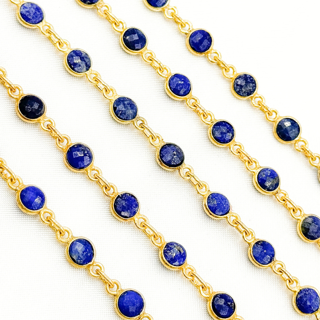 Lapis Lazuli Round Shape Bezel Gold Plated Wire Chain. LAP15