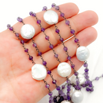 Load image into Gallery viewer, Amethyst & Pearl Round Shape Bezel Oxidized Wire Chains