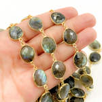 Load image into Gallery viewer, Labradorite Organic Shape Bezel Gold Plated Wire Chain. LAB31