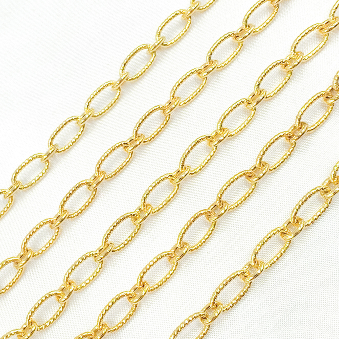 Gold Plated 925 Sterling Silver Gold Plated Textured Long and Smooth Short Oval Chain. V58GP