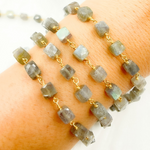 Load image into Gallery viewer, Labradorite Cube Shape Gold Plated Wire Chain. LAB76