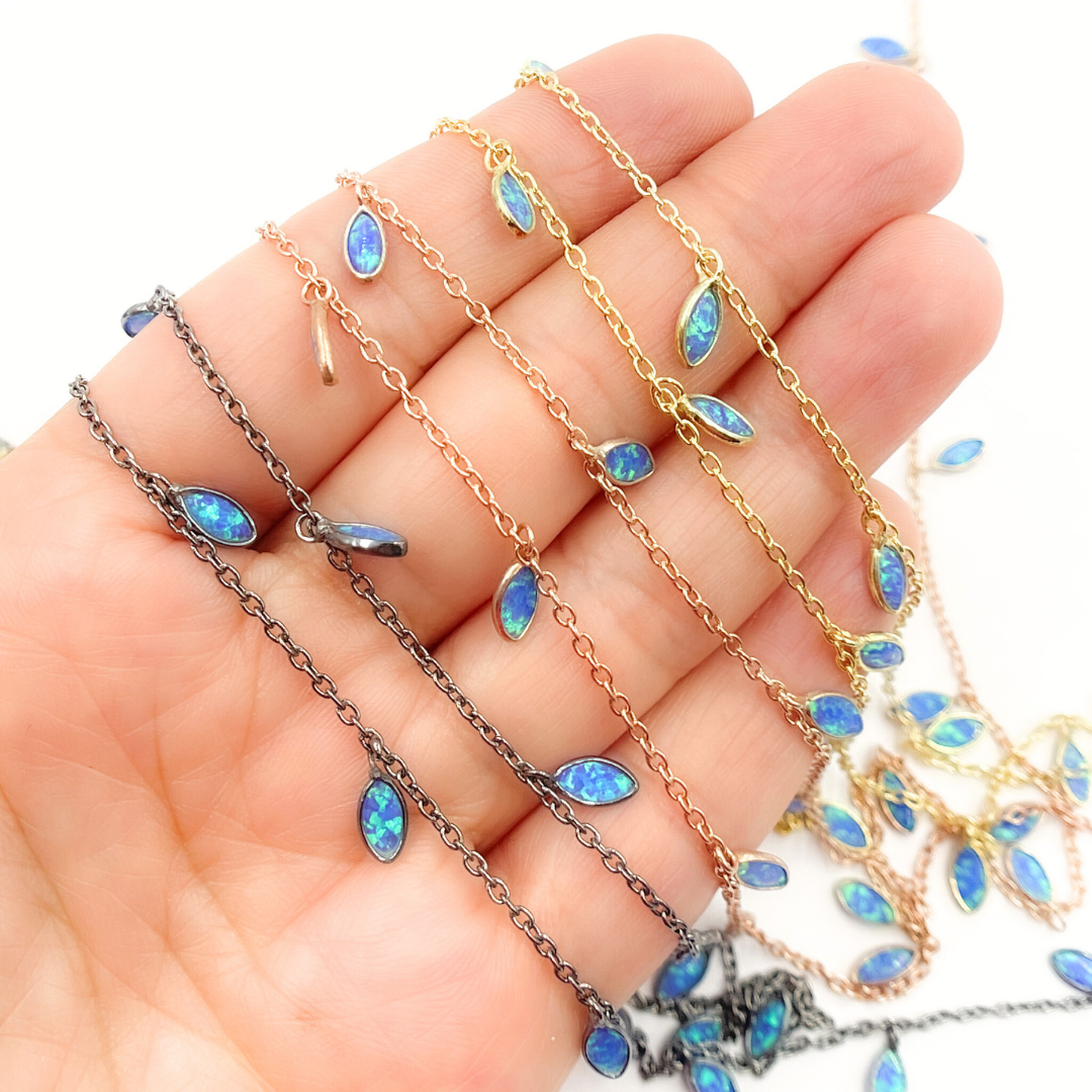 Created Blue Opal Marquise Shape Dangle Chain. CBO3
