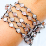 Load image into Gallery viewer, Coated Peach Moonstone Round Shape Bezel Oxidized Wire Chain. CMS17