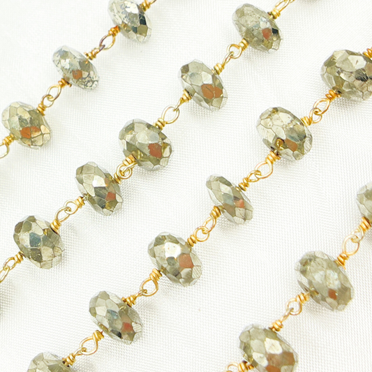 Pyrite Rondel Faceted Gold Plated Wire Chain. PYR54