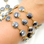 Load image into Gallery viewer, Coated Grey Moonstone Round Shape Bezel Gold Plated Wire Chain. CMS22