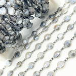 Load image into Gallery viewer, Coated Grey Moonstone Round Shape Bezel Oxidized Wire Chain. CMS104