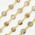 Load image into Gallery viewer, Coated Light Grey Moonstone Round Shape Bezel Gold Plated Wire Chain. CMS114