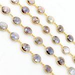 Load image into Gallery viewer, Coated Chocolate Moonstone Round Shape Bezel Gold Plated Wire Chain. CMS25