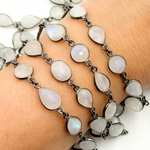 Load image into Gallery viewer, White Moonstone Oval & Pear Shape Bezel Oxidized Wire Chain. WMS36