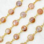 Load image into Gallery viewer, Coated Peach Moonstone Round Shape Bezel Gold Plated Wire Chain. CMS4