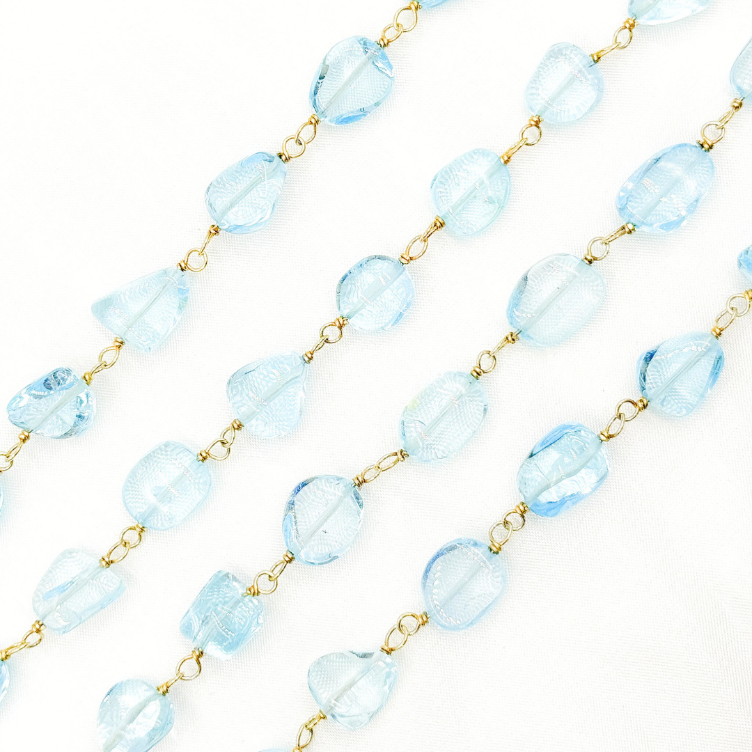 Blue Topaz Smooth Organic Shape Gold Plated Wire Chain. BT8