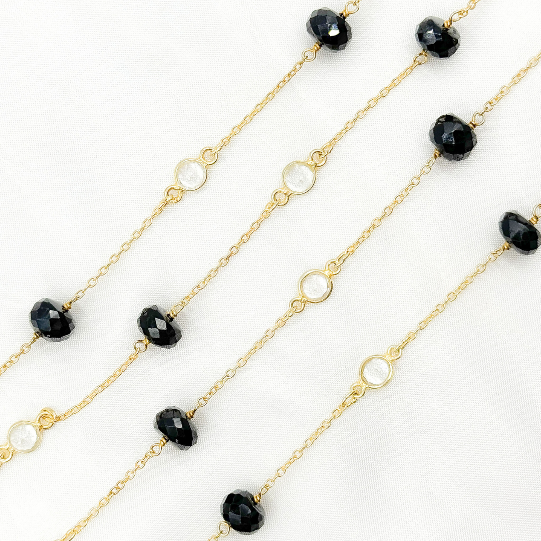 Black Spinel Rondel Shape & White Topaz Gold Plated Connected Wire Chain. BSP28