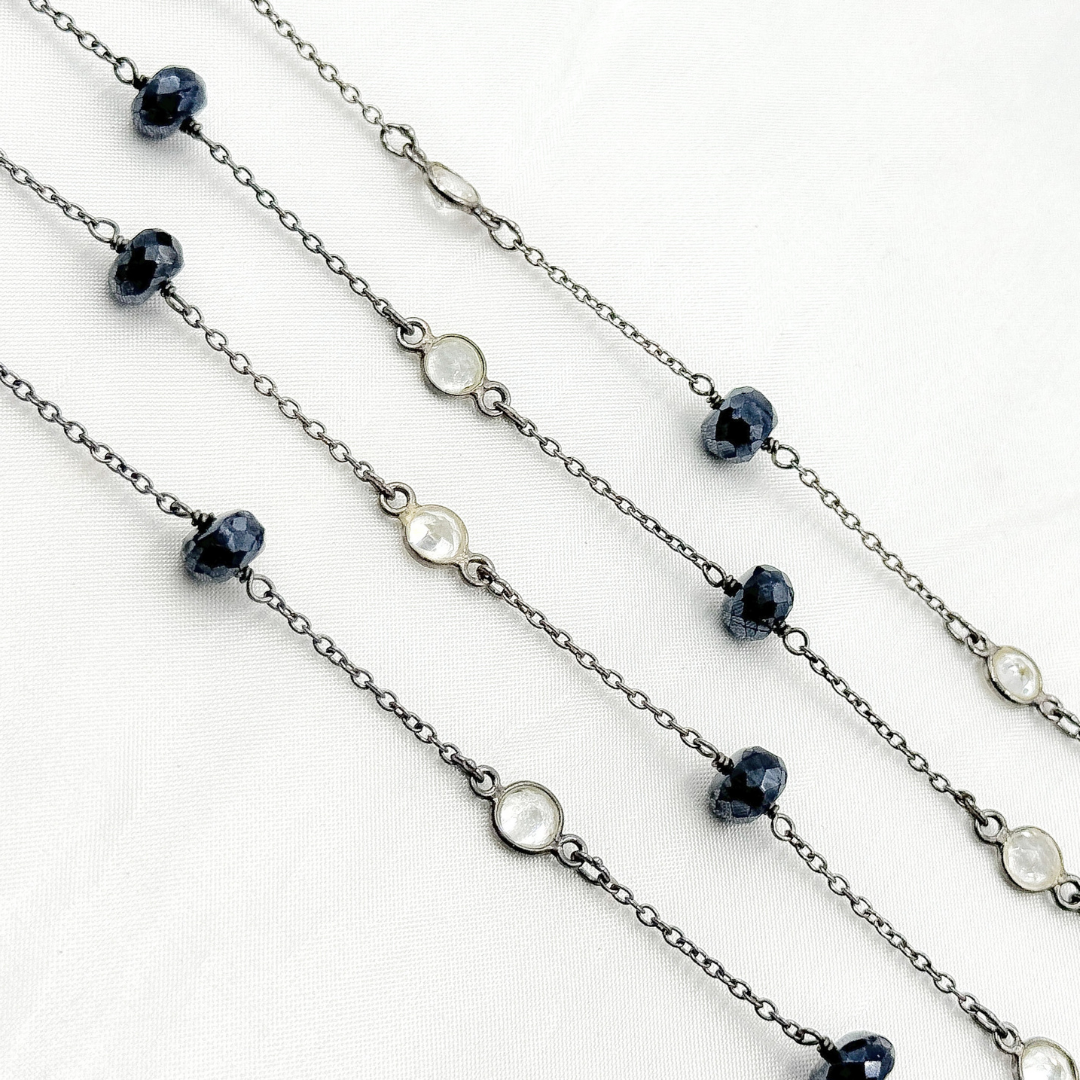 Coated Black Spinel Rondel Shape & White Topaz Oxidized Connected Wire Chain. CBS6