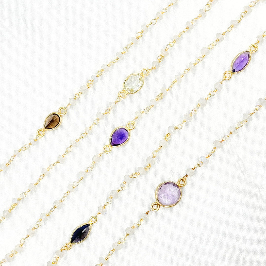 White Moonstone & Multi Stone Gold Plated Wire Chain. MS70
