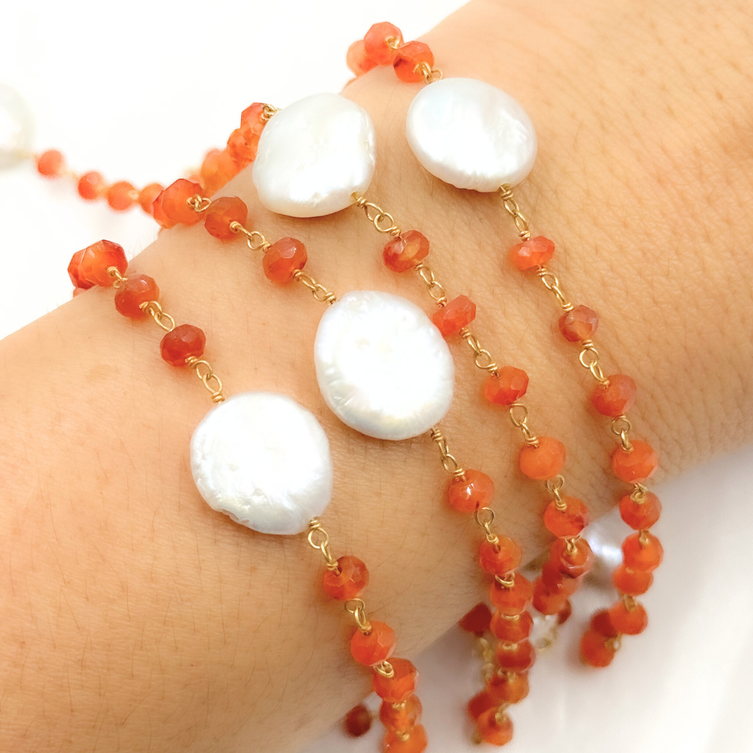 Carnelian & Pearl Round Shape Bezel Gold Plated Wire Chain. CAR11
