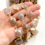 Load image into Gallery viewer, Coated Peach Moonstone Organic Shape Bezel Gold Plated Silver Wire Chain. CMS31