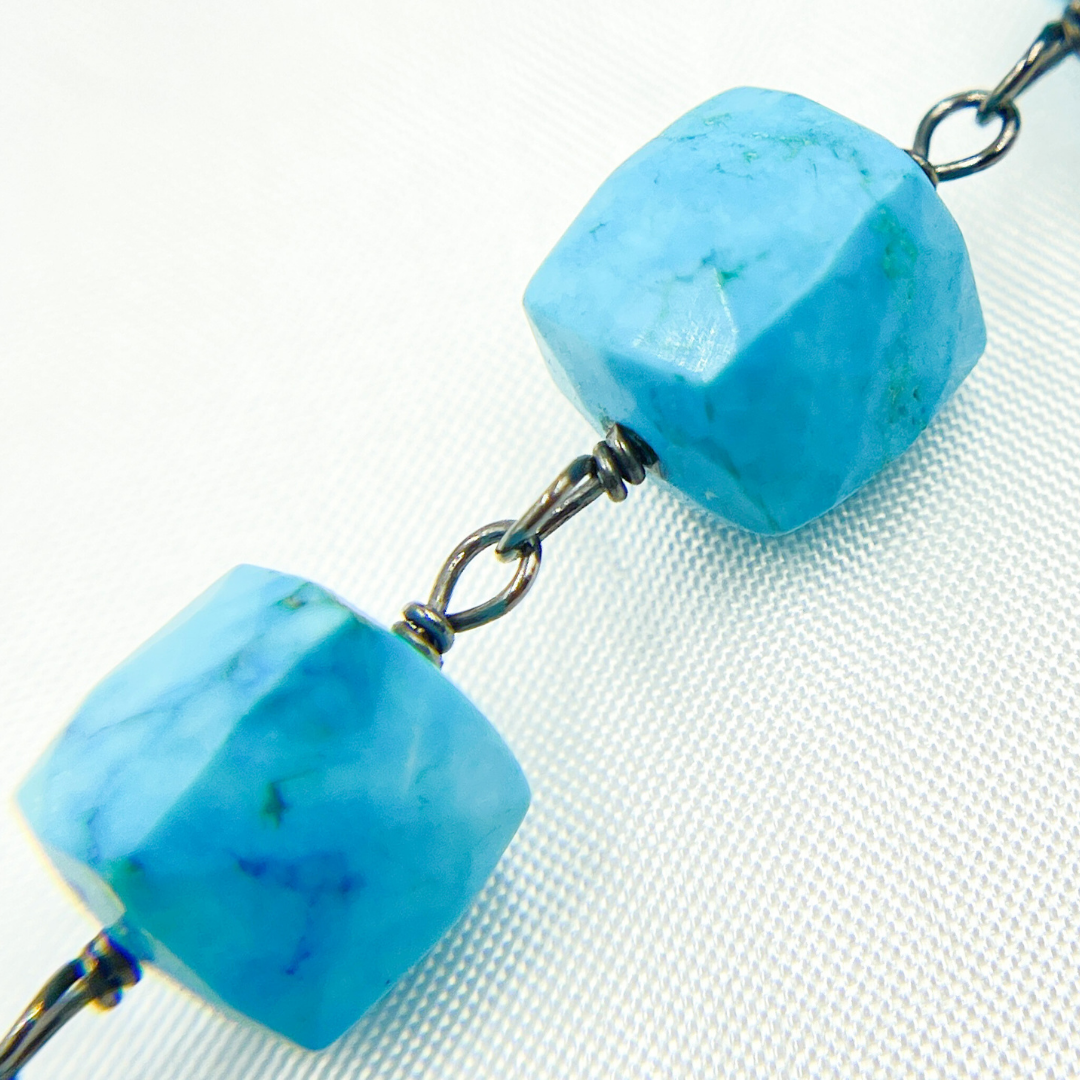 Turquoise Cube Shape Oxidized 925 Sterling Silver Wire Chain. TRQ28