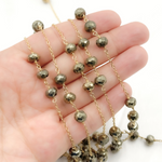 Load image into Gallery viewer, Pyrite Rondel Shape Gold Plated Wire Chain. PYR16