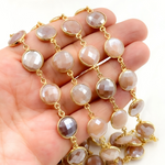 Load image into Gallery viewer, Coated Peach Moonstone Round Shape Bezel Gold Plated Wire Chain. CMS5