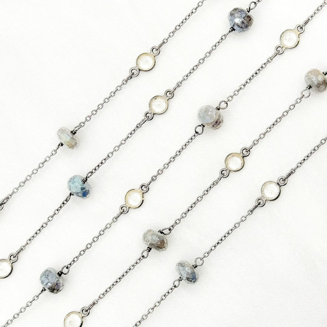 Coated Labradorite & White Topaz Oxidized Connected Wire Chain. CLB21