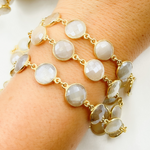 Load image into Gallery viewer, Coated White Moonstone Round Shape Bezel Gold Plated Silver Wire Chain. CMS18