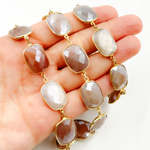 Load image into Gallery viewer, Coated Chocolate Moonstone Rectangular Shape Bezel Gold Plated Silver Wire Chain. CMS29