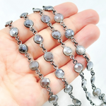 Load image into Gallery viewer, Coated Grey Moonstone Round Shape Bezel Oxidized Wire Chain. CMS103