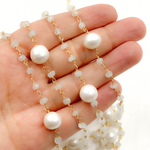 Load image into Gallery viewer, White Moonstone & Pearl Gold Plated 925 Sterling Silver Wire Chain. WMS42