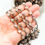 Load image into Gallery viewer, Coated Peach Moonstone Round Shape Bezel Oxidized Wire Chain. CMS17