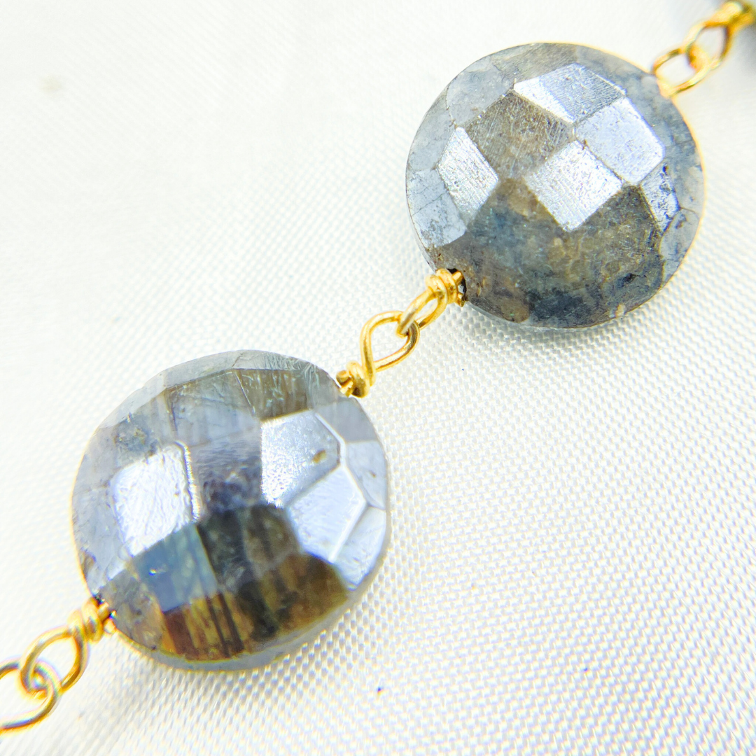 Coated Labradorite Coin Shape Gold Plated Wire Chain. CLB36