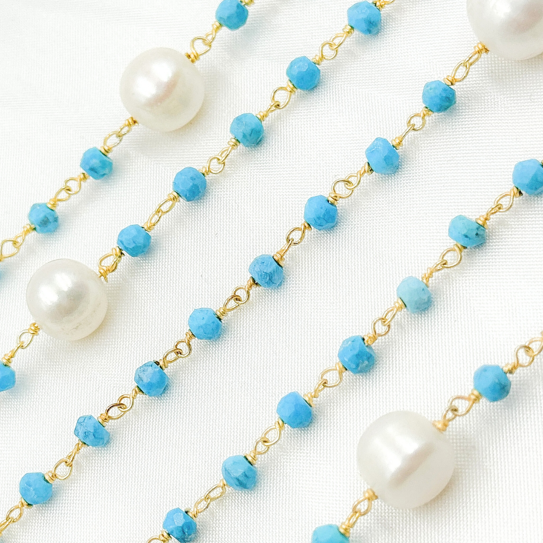 Turquoise & Pearl Gold Plated Wire Chain. TRQ44