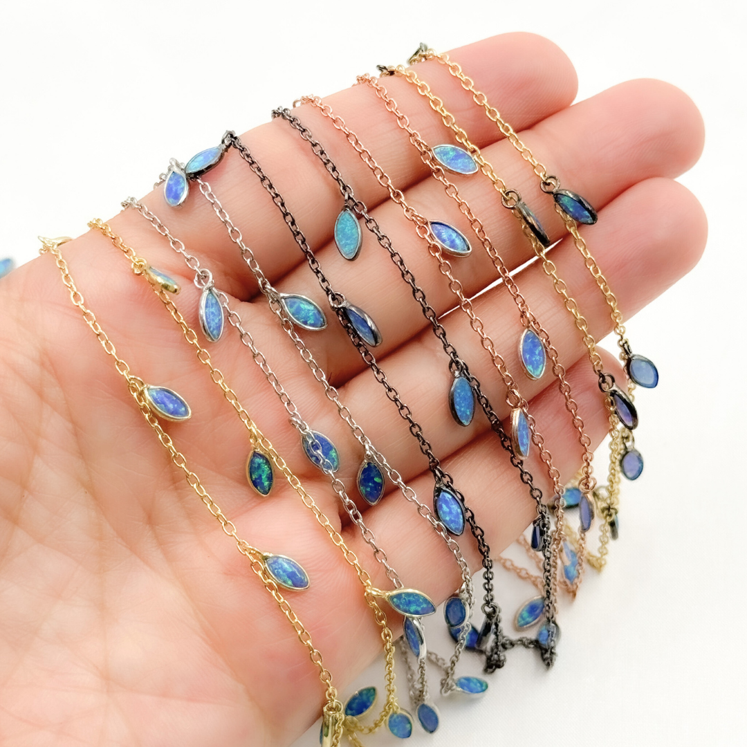 Created Blue Opal Marquise Shape Dangle Chain. CBO3
