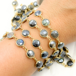 Load image into Gallery viewer, Coated Labradorite Round Shape Bezel Gold Plated Wire Chain. LAB113