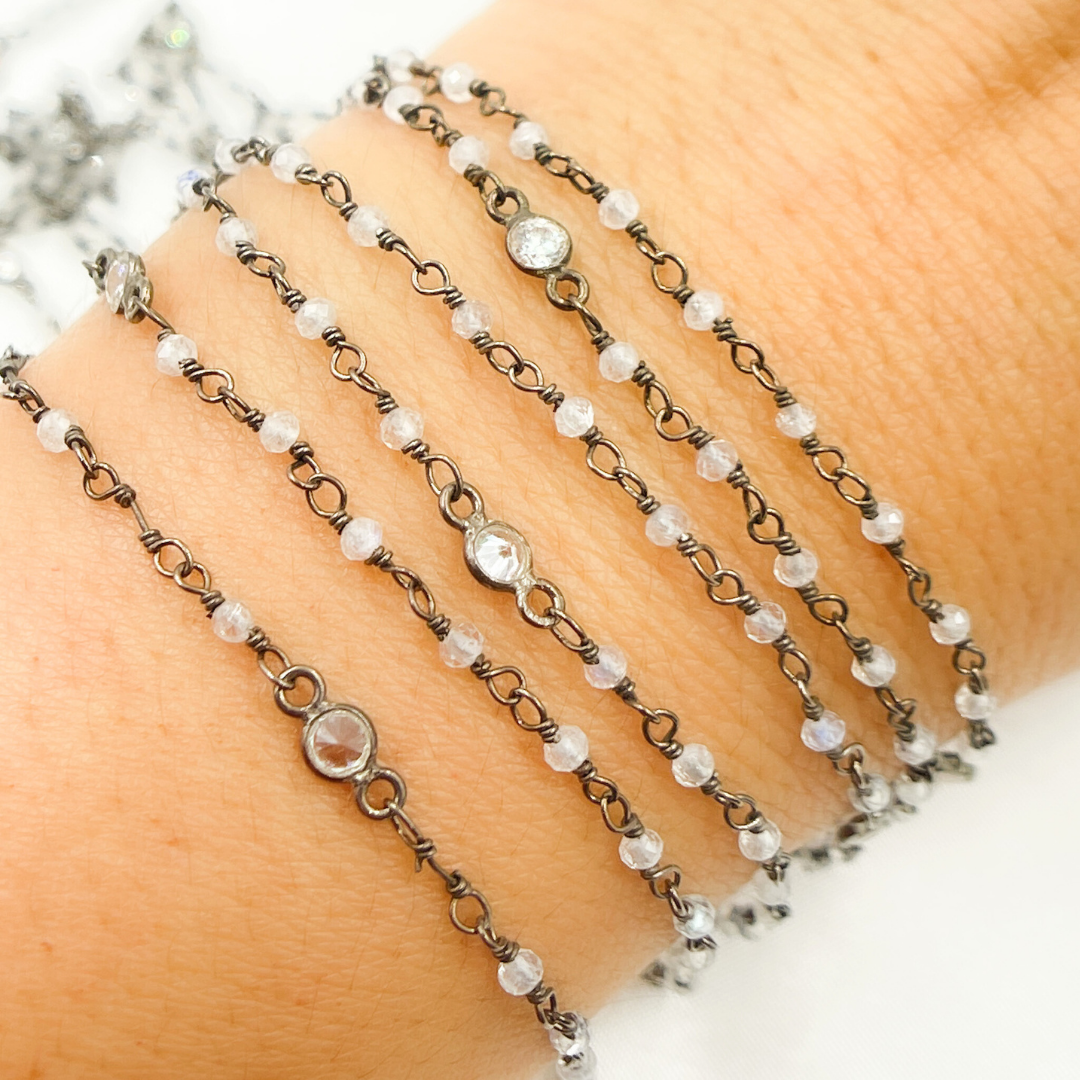 Coated Moonstone & CZ Combination Oxidized Wire Chain. CMS63