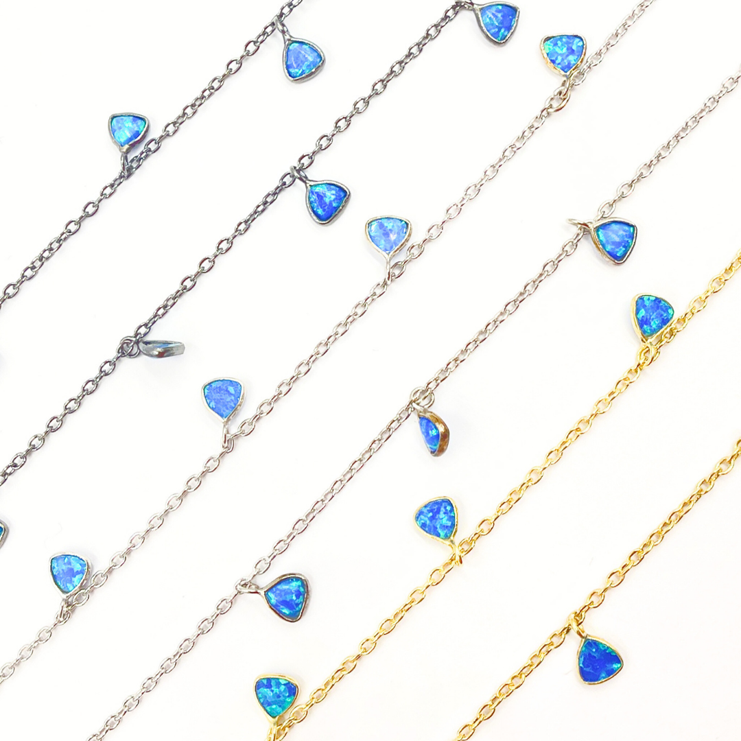 Created Blue Opal Triangle Shape Dangle Chain. CBO2