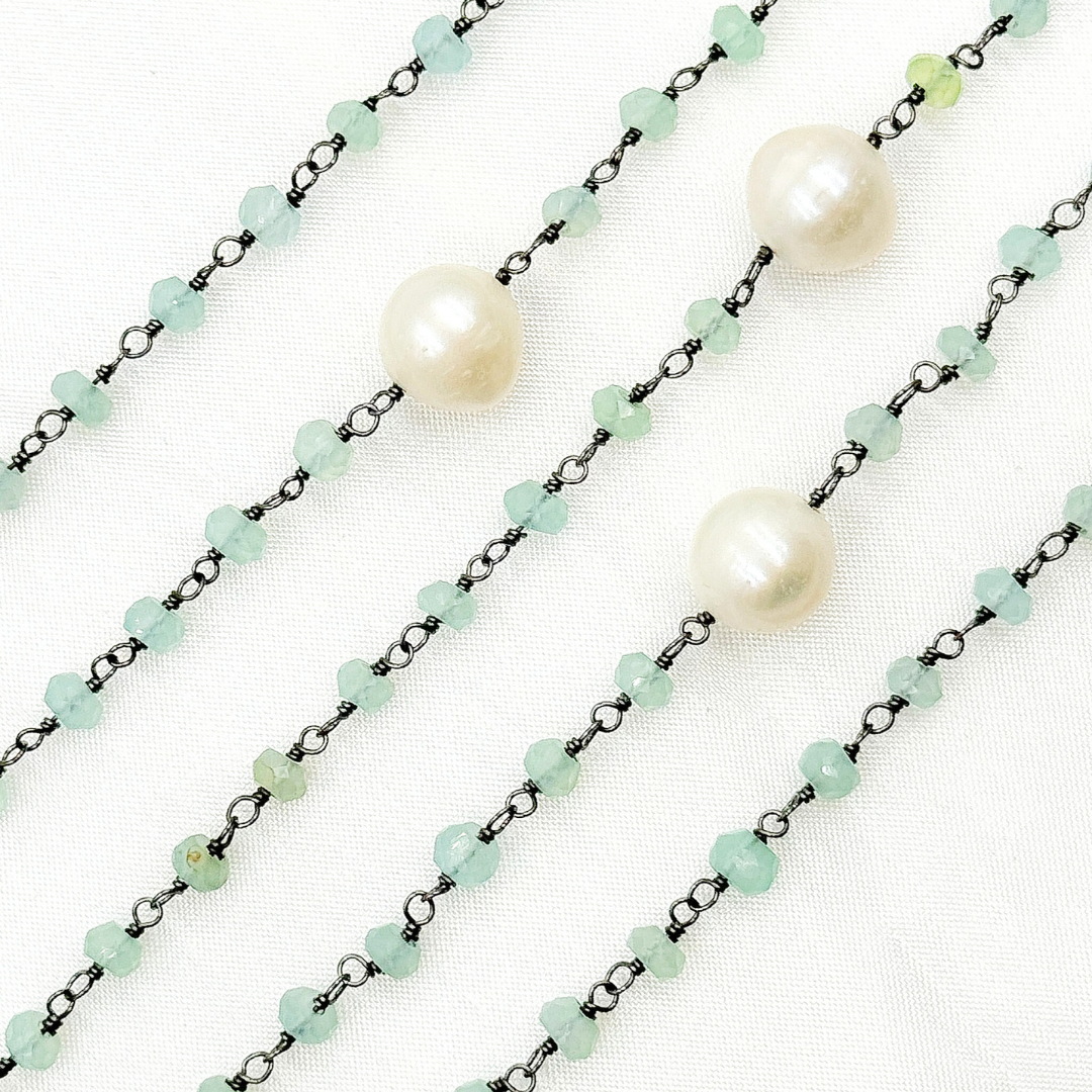 Blue Aqua Chalcedony & Pearl Oxidized 925 Sterling Silver Wire Chain. PCL21