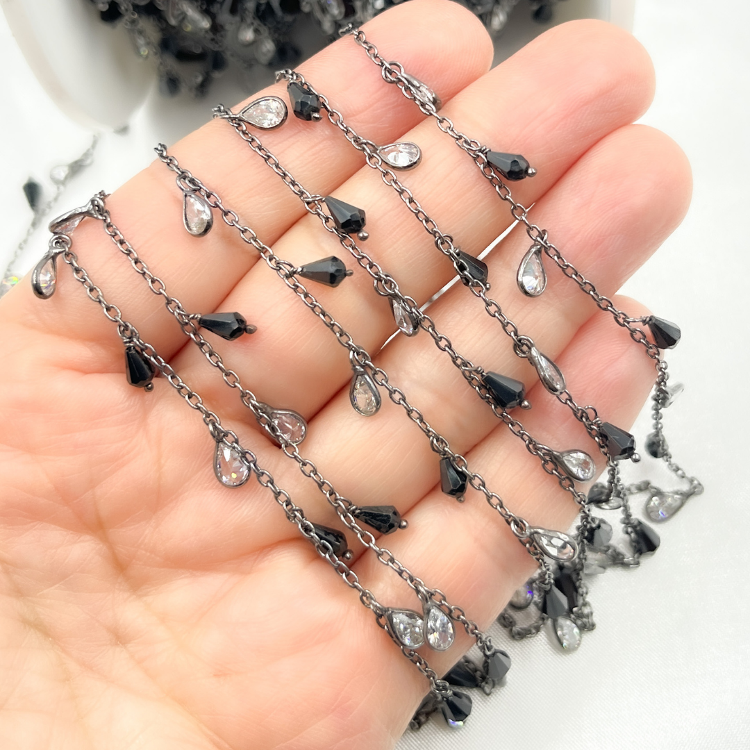 Black Spinel Drop & CZ Pear Shape Dangle Oxidized Wire Chain. BSP39