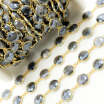 Load image into Gallery viewer, Coated Grey Moonstone Round Shape Bezel Gold Plated Wire Chain. CMS22