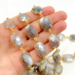 Load image into Gallery viewer, Coated Grey Moonstone Rectangular Shape Bezel Gold Plated Silver Wire Chain. CMS27