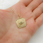 Load image into Gallery viewer, 14K Solid Gold Square Evil Eye Pendant with Diamonds and Emerald. GDP299
